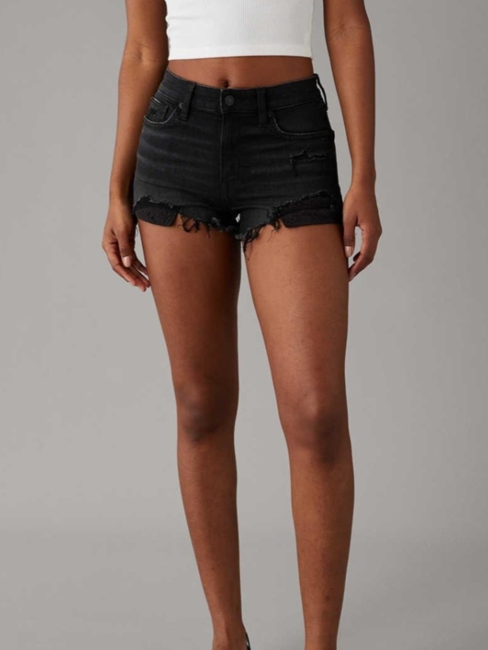 American Eagle Outfitters Black High-Rise Distressed Jean Casual Stretch Shorts